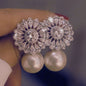 CZ Delicate Flower & Pearl Stud Earrings